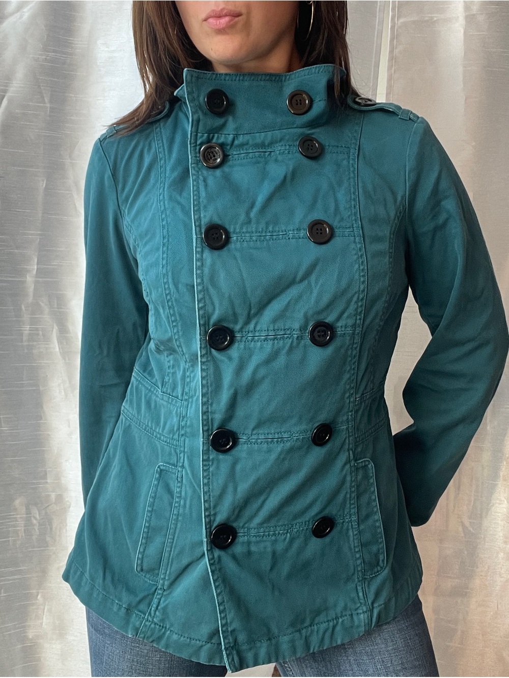 H&M Double Breasted Peacoat Women's Medium Teal Blue Button Preppy Twee Academia